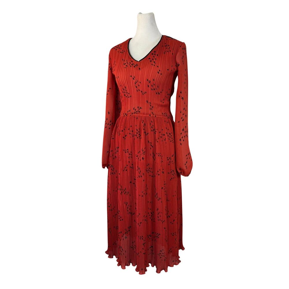 Vintage ‘70s Dark Orange & Black Accordion Pleat V-Neck Long Sleeve Midi Dress